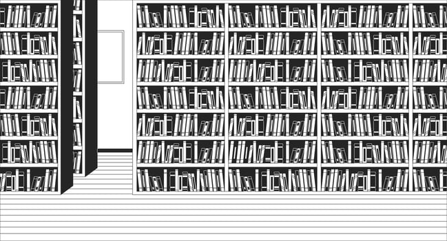 Public library interior black and white line illustration. Bookshelves with various literature in store 2D interior monochrome background. Bookshop with high racks outline scene image vector
