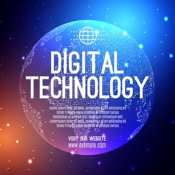 Digital technology social post banner sale template orange blue background, abstract cyber information communication, innovation future tech data, internet network connection, Ai big data illustration vector