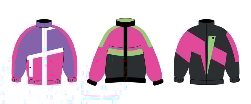A set of bright jackets in the style of the 90s. Windbreakers of the 90s. illustration vector