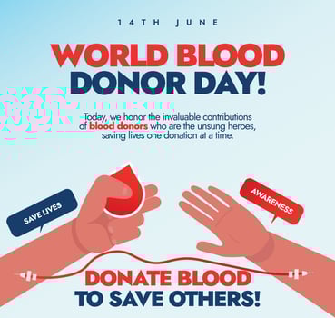 World Blood donor day. 14th June world blood donor day celebration banner, social media post with blood transfusing from one hand to another hand. Saving lives by donating blood. vector