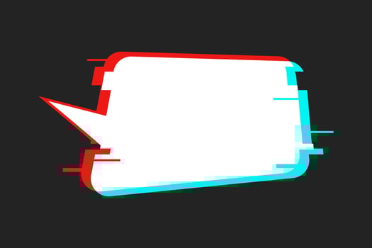 White speech bubble with retro glitch effect on a textured background. Broken pixels, banner template with empty space for text. Neon vibrant colors. vector