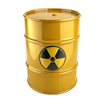 Yellow hazardous waste barrel with radioactive symbol png