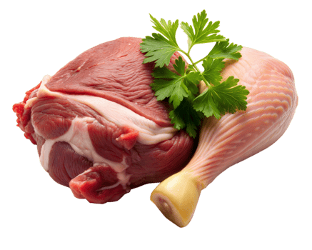 Raw beef and chicken leg with fresh parsley garnish png