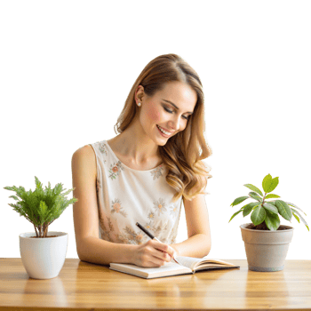 Woman writing in a notebook at desk with potted plants png