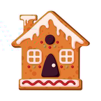 Gingerbread cookie house in cartoon style. Holiday winter symbol, festive treats. Christmas, winter homemade sweets in shape of house. illustration isolated on a white background. vector
