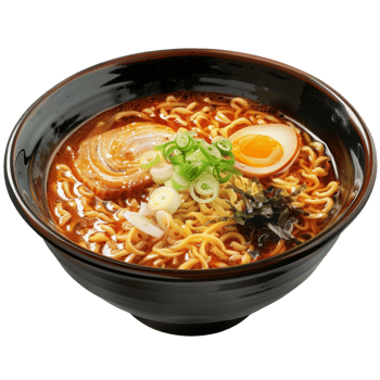 Realistic ramen noodles in traditional bowl, transparent background png