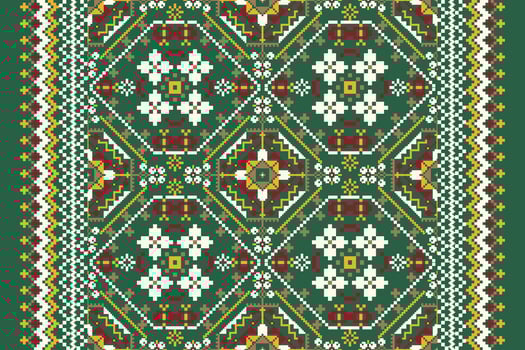 Geometric ethnic oriental pattern,flowers pixel art embroidery vector