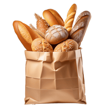 Various types of fresh bread in paper bag packaging png
