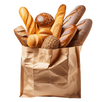 Various types of fresh bread in paper bag packaging png