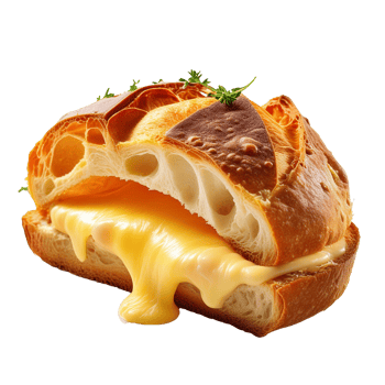 split bread with melted cheese filling on transparent background png