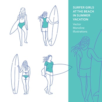 Surfer Girls at the Beach in Summer Vacation Monoline Illustrations vector