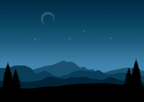 Landscape with the mountains in night. Illustration in flat style. vector