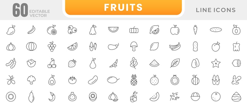 Fruits and berries line icons collection. Orange banana melon apple, blueberry, pineapple pomelo, kiwi peach, fig kiwi fresh fruits icon pack. Thin outline icons. vector