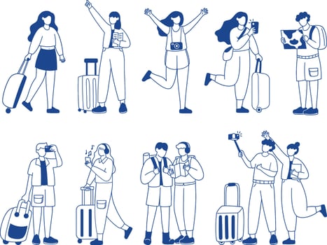 Tourists and travelers characters, people travel, hiking, excursion trip. Men and women group with backpacks, luggage, map and photo cameras traveling abroad, Line art flat vector
