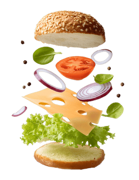 delicious hamburger with flying ingredients on transaprent background png