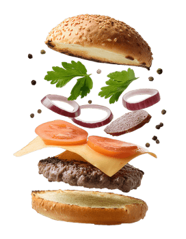 Ingredients of a delicious burger with ground beef patty, lettuce, bacon, onions, tomatoes and cucumbers png
