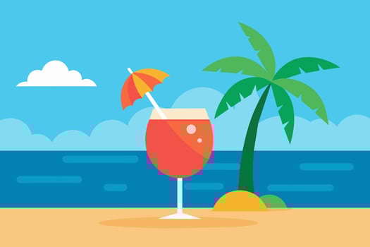 Refreshing tropical cocktail against tropical ocean background. Vibrant drink in natural setting. Concept of summer drinks, refreshing beverages, exotic cocktails, leisure. Simple Graphic art vector