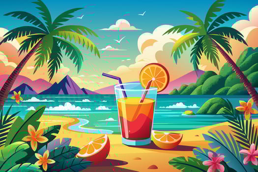 Refreshing tropical cocktail against tropical ocean backdrop. Vibrant drink in natural setting. Concept of summer drinks, refreshing beverages, exotic cocktails, leisure. Graphic illustration vector