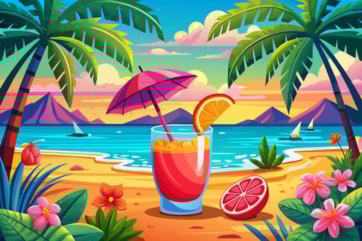 Refreshing tropical cocktail against tropical ocean backdrop. Vibrant drink in natural setting. Concept of summer drinks, refreshing beverages, exotic cocktails, leisure. Graphic art vector