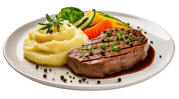 beef steak dishes with fresh salad, mashed potatoes are served attractively png