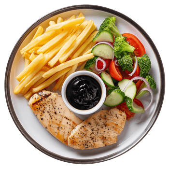 a dish of steak, chicken, salad and french fries and barbecue sauce served on a plate png