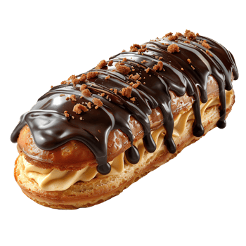 Chocolate eclair pastry. French pastry eclair dessert isolated. Eclair top view. Eclair Flat lay isolated png