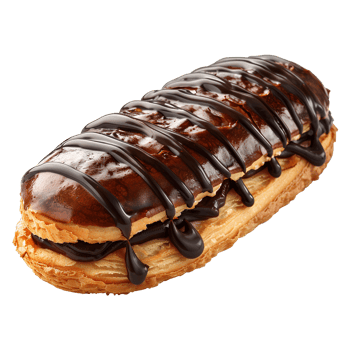 Chocolate eclair pastry. French pastry eclair dessert isolated. Eclair top view. Eclair Flat lay isolated png