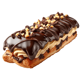 Chocolate eclair pastry. French pastry eclair dessert isolated. Eclair top view. Eclair Flat lay isolated png