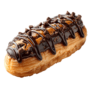 Chocolate eclair pastry. French pastry eclair dessert isolated. Eclair top view. Eclair Flat lay isolated png