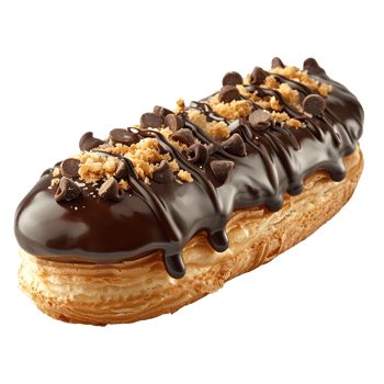 Chocolate eclair pastry. French pastry eclair dessert isolated. Eclair top view. Eclair Flat lay isolated png