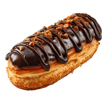 Chocolate eclair pastry. French pastry eclair dessert isolated. Eclair top view. Eclair Flat lay isolated png