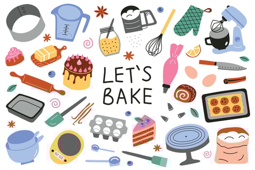 Baking utensils set, kitchenware collection, whisk, sifter, mixer doodle icons, illustrations of ingredients for cookies and cakes, cartoon baker equipment with lettering, lets bake vector
