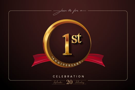 1st Anniversary logo, gold color and elegant design for birthday invitation and anniversary celebration vector