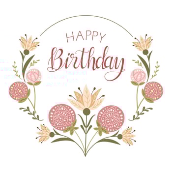 Birthday greeting card with symmetrical floral frame with abstract flowers and calligraphy text Happy birthday. Flat retro illustration in muted colors for greetings. Banner, card template isolated vector