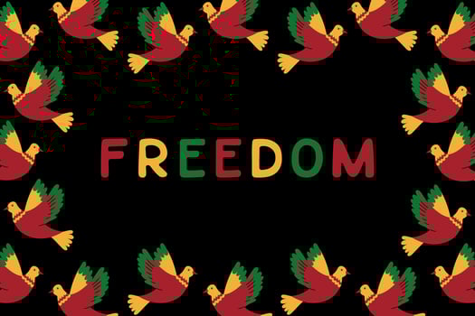 Flat Juneteenth horizontal banner and placard with text Freedom. flat animalistic elements in traditional African colors for social media. Isolated text on black background vector