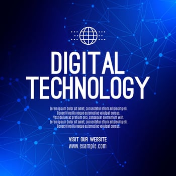 Digital technology social post banner sale template blue background, abstract cyber information communication, innovation future tech data, internet network connection, Ai big data illustration vector