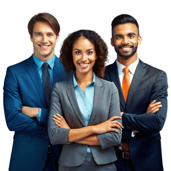 Three Business Professionals Smiling Confidently in Studio Portrait on a Bright Day png