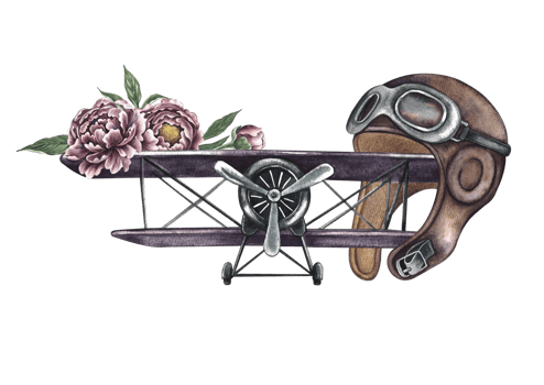 Vintage retro airplane decorated with flowers, an old pilot's helmet. An illustration made by hand in watercolor. Vintage transport liner, front view. Highlight it. For badges, stickers and prints. png