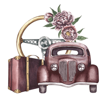 Vintage retro car, front view. An antique wooden steering wheel decorated with vintage flowers and a retro suitcase. A watercolor illustration made by hand. For poster, printing, sticker and postcard. png
