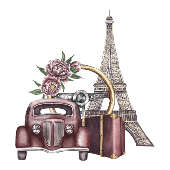 Vintage retro car, front view. The Eiffel Tower, an antique steering wheel decorated with vintage flowers and a retro suitcase. A watercolor illustration made by hand. For printing, sticker, postcard. png