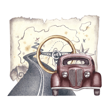 Vintage retro car, front view. An ancient wooden steering wheel, an asphalt road dating back to an ancient map. A watercolor illustration made by hand. For a banner, flyer, or poster. For printing. png