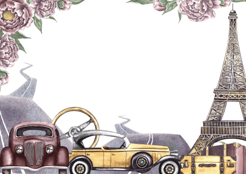 A frame with retro cars, Eiffel Tower, suitcases and roads. Decorated with vintage flowers and peonies. A retro-style journey. A watercolor illustration made by hand. For postcard, banner and poster. png