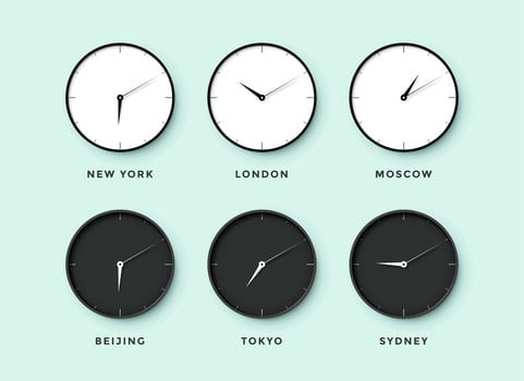 Set of day and night clock for time zones different cities vector