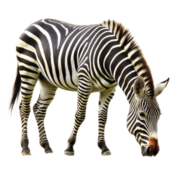 A zebra is eating grass in front of a transparent background png