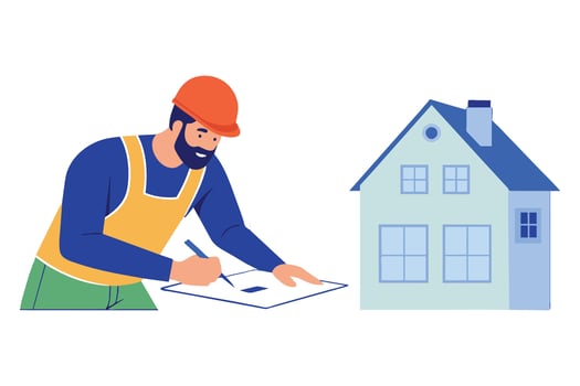 Architect marking blueprints for home renovation project, flat illustration. vector
