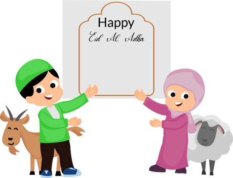 happy eid al adha celebration with illustration of couple kids muslim and animal goat sacrificial png