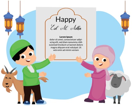 happy eid al adha celebration with illustration of cute couple little kids muslim and animal goat sacrificial vector