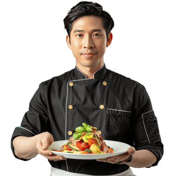 Asian male chef holding food on plate, transparent background png