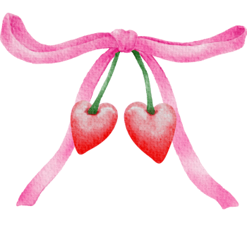 Cute coquette aesthetic heart cherry pink bow in vintage ribbon style watercolor png