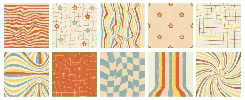 Groovy background set. Waves, swirl, twirl pattern with flower in 80 s style. Vintage aesthetic backgrounds, checkerboard texture. Hippie background in trendy style. vector